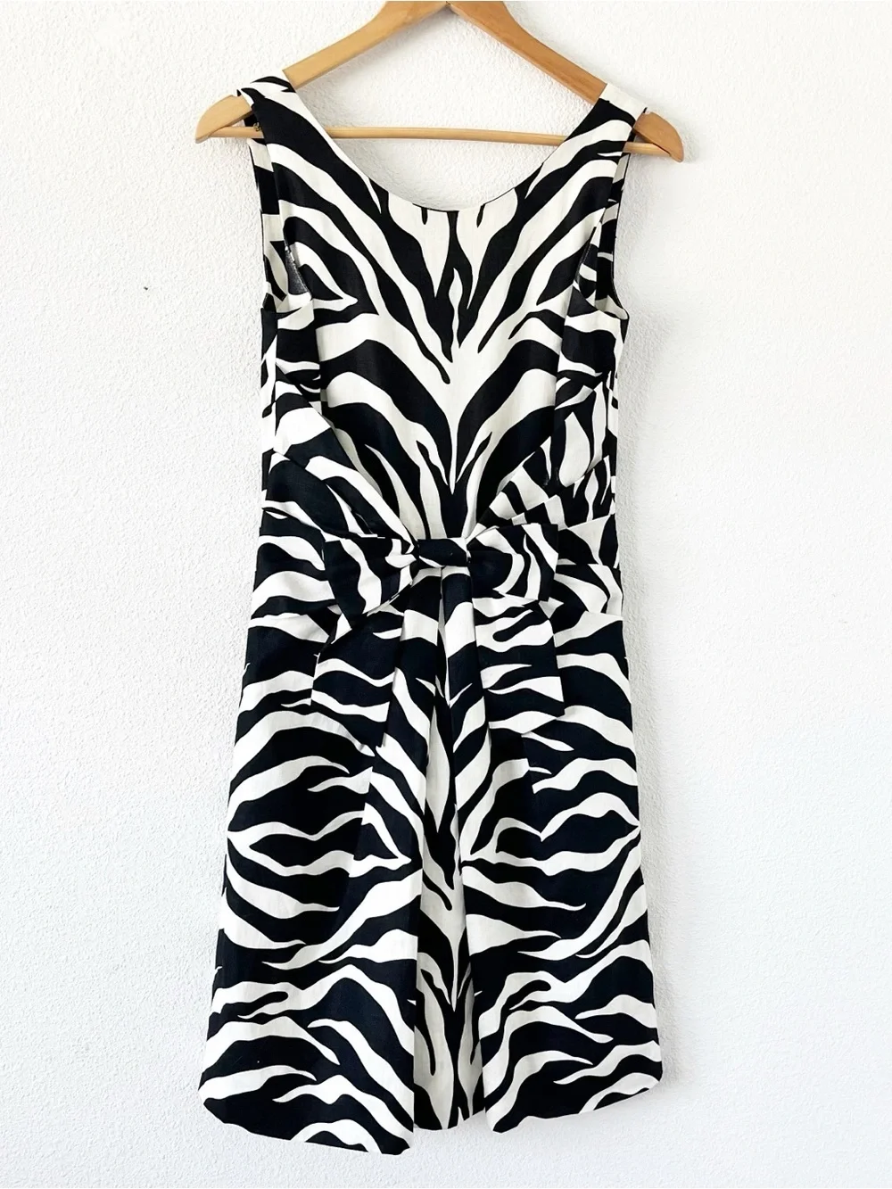 Kate Spade Jillian Sleeveless Bow Waist Black White Zebra Print Linen Dress